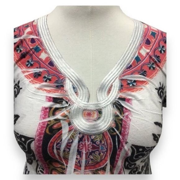 One World Women’s Short Sleeve Deep V Paisley Boho Top, White, size M - Picture 2 of 10